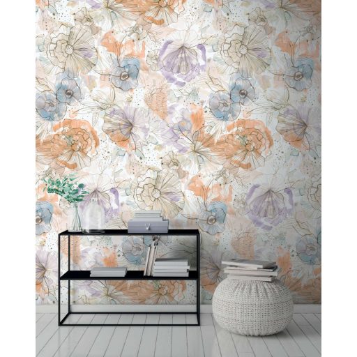 Vidám színes és grafikus virág/szirom panoráma fehér narancs lila és sokszínű tónus falpanel