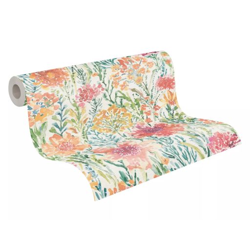 A művész virágos látomása! Vízfestéssel ábrázolt romantikus minta krémfehér sárga lila és sokszínű tónus tapéta