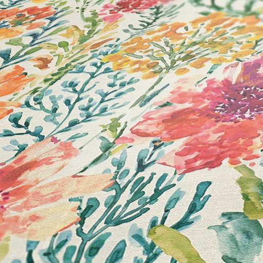 A művész virágos látomása! Vízfestéssel ábrázolt romantikus minta krémfehér sárga lila és sokszínű tónus tapéta