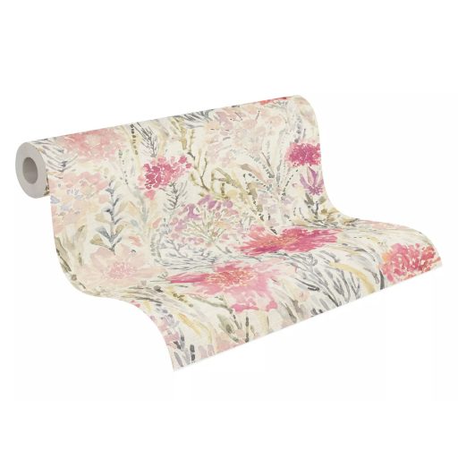 A művész virágos látomása! Vízfestéssel ábrázolt romantikus minta krémfehér zöld mályva és sokszínű tónus tapéta