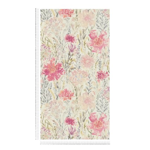 A művész virágos látomása! Vízfestéssel ábrázolt romantikus minta krémfehér zöld mályva és sokszínű tónus tapéta