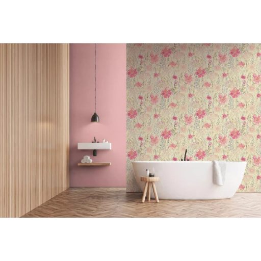 A művész virágos látomása! Vízfestéssel ábrázolt romantikus minta krémfehér zöld mályva és sokszínű tónus tapéta