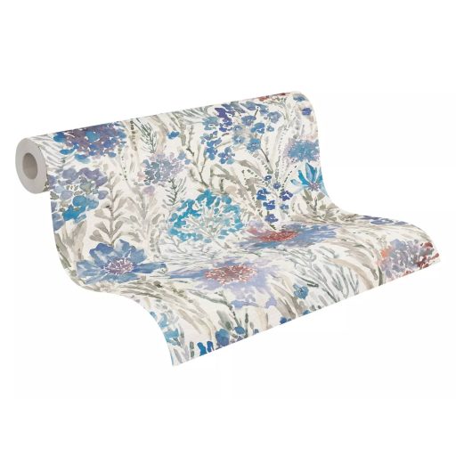 A művész virágos látomása! Vízfestéssel ábrázolt romantikus minta fehér szürke kék és sokszínű tónus tapéta