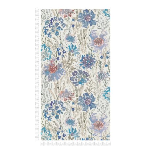 A művész virágos látomása! Vízfestéssel ábrázolt romantikus minta fehér szürke kék és sokszínű tónus tapéta