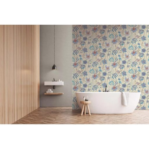 A művész virágos látomása! Vízfestéssel ábrázolt romantikus minta fehér szürke kék és sokszínű tónus tapéta