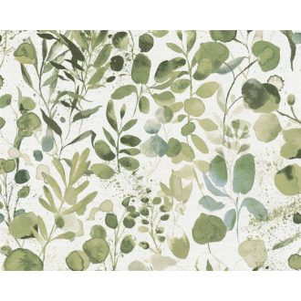   Akvarell hatású különleges szépségű levélmotívum krémfehér zöld és zöldeskék tónus tapéta