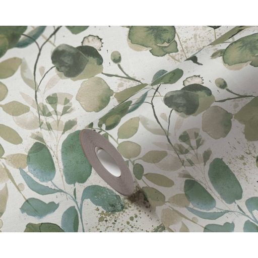 Akvarell hatású különleges szépségű levélmotívum krémfehér zöld és zöldeskék tónus tapéta