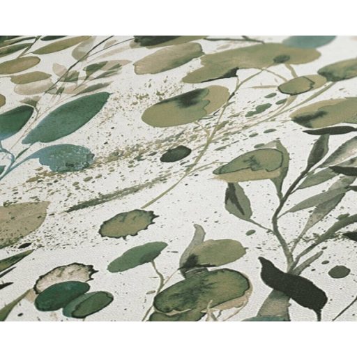 Akvarell hatású különleges szépségű levélmotívum krémfehér zöld és zöldeskék tónus tapéta