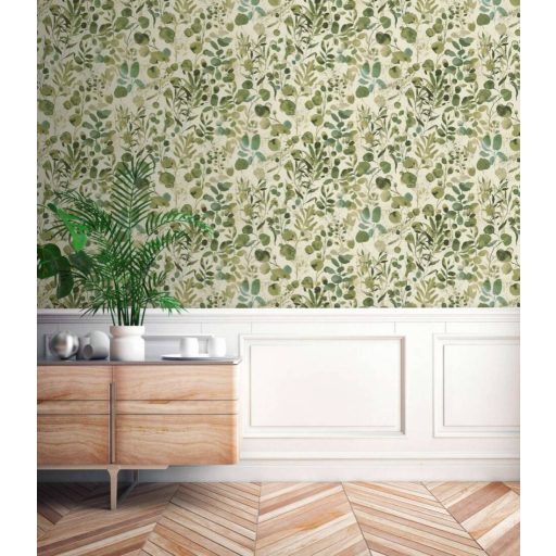 Akvarell hatású különleges szépségű levélmotívum krémfehér zöld és zöldeskék tónus tapéta