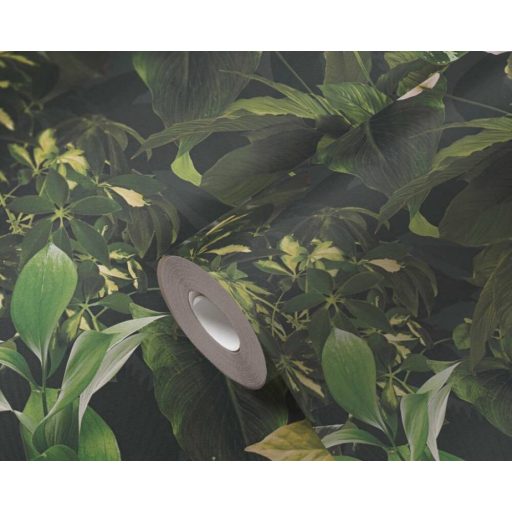 A dzsungel szerelmeseinek! Változatos trópusi levélformák pazar mintája zöld fekete sárgászöld és íriszfehér tónus tapéta