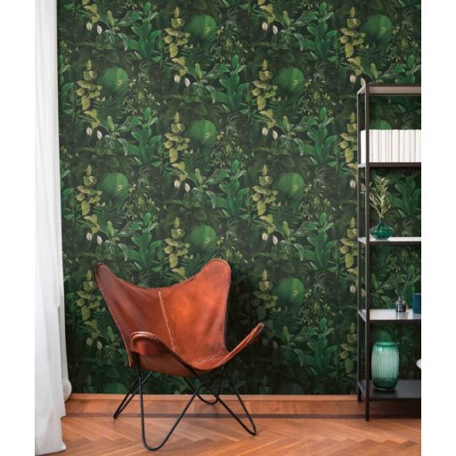 A dzsungel szerelmeseinek! Változatos trópusi levélformák pazar mintája zöld fekete sárgászöld és íriszfehér tónus tapéta