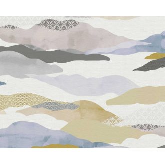   Izgalmas jelenlét! Absztrakt grafikus motívum felhőkkel és retro jegyekkel fehér bézs kék és sokszínű tónus tapéta