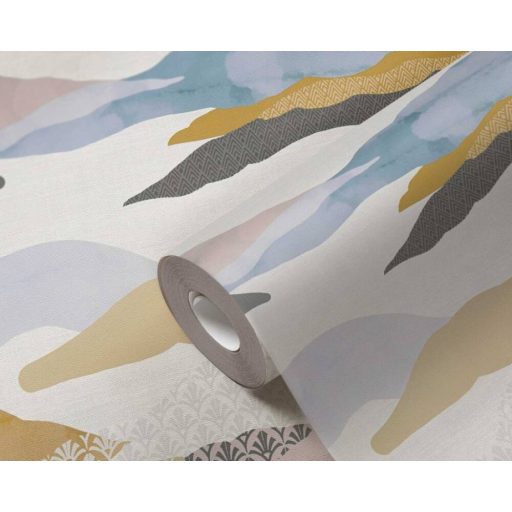 Izgalmas jelenlét! Absztrakt grafikus motívum felhőkkel és retro jegyekkel fehér bézs kék és sokszínű tónus tapéta