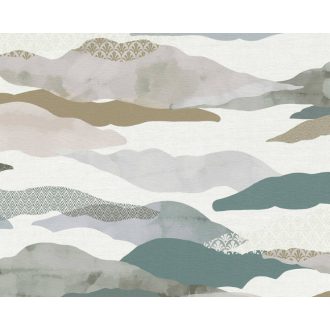   Izgalmas jelenlét! Absztrakt grafikus motívum felhőkkel és retro jegyekkel fehér barna petrol és sokszínű tónus tapéta