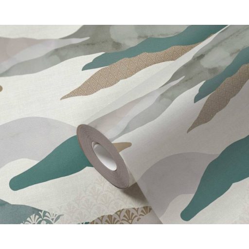 Izgalmas jelenlét! Absztrakt grafikus motívum felhőkkel és retro jegyekkel fehér barna petrol és sokszínű tónus tapéta