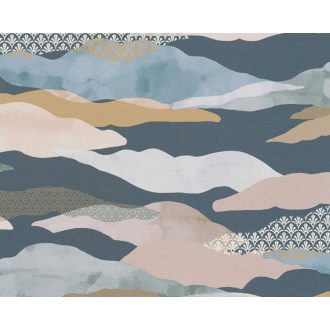   Izgalmas jelenlét! Absztrakt grafikus motívum felhőkkel és retro jegyekkel kék zöld bézs és sokszínű tónus tapéta