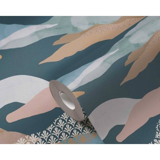 Izgalmas jelenlét! Absztrakt grafikus motívum felhőkkel és retro jegyekkel kék zöld bézs és sokszínű tónus tapéta