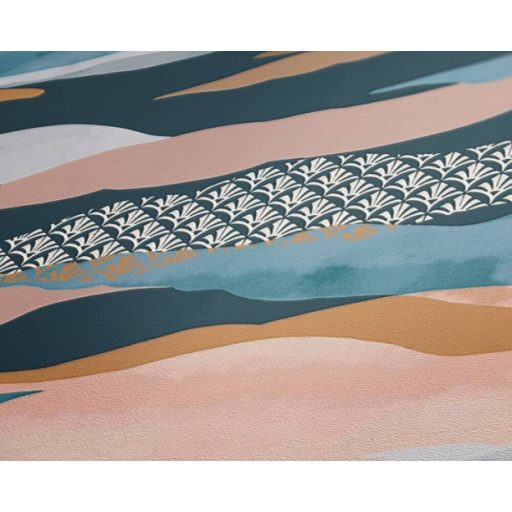 Izgalmas jelenlét! Absztrakt grafikus motívum felhőkkel és retro jegyekkel kék zöld bézs és sokszínű tónus tapéta