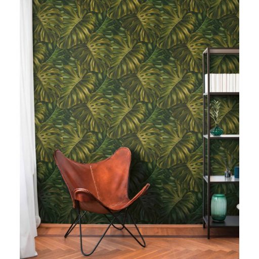 Hatása óriási mint a minta léptéke - Foltos könnyezőpálma dekorminta zöld sárgászöld és sötétzöld tónus tapéta