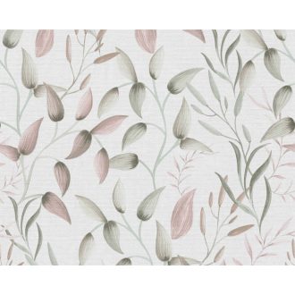   Akvarell hatású bájos virágok levelek finom rajzolatú indákon törtfehér szürke zöld és rózsaszín tónus tapéta