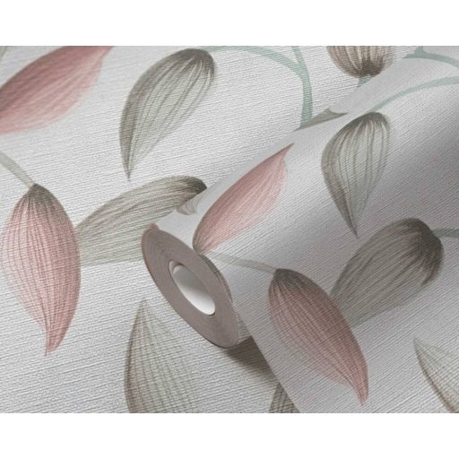 Akvarell hatású bájos virágok levelek finom rajzolatú indákon törtfehér szürke zöld és rózsaszín tónus tapéta