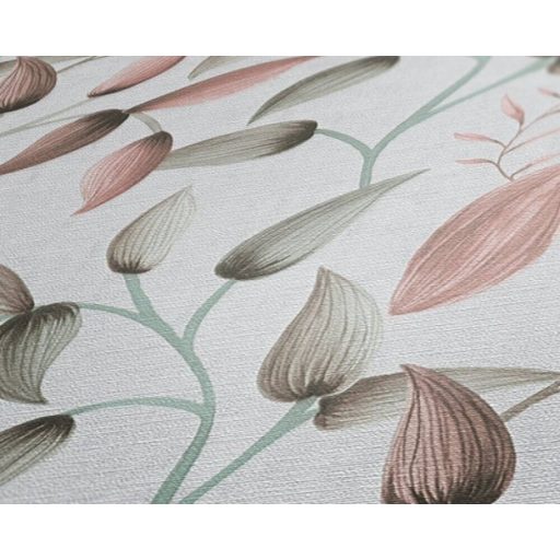 Akvarell hatású bájos virágok levelek finom rajzolatú indákon törtfehér szürke zöld és rózsaszín tónus tapéta