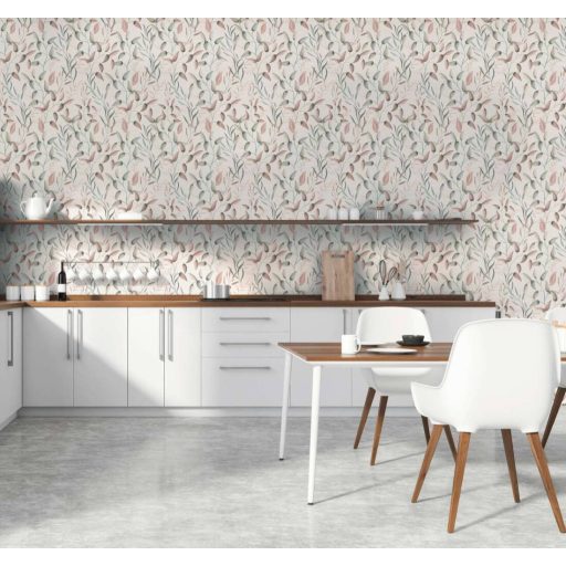 Akvarell hatású bájos virágok levelek finom rajzolatú indákon törtfehér szürke zöld és rózsaszín tónus tapéta