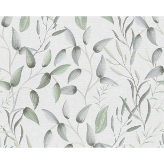   Akvarell hatású bájos virágok levelek finom rajzolatú indákon törtfehér szürke és zöld tónus tapéta