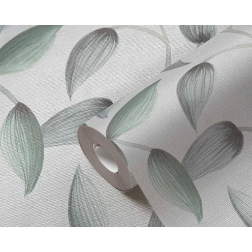 Akvarell hatású bájos virágok levelek finom rajzolatú indákon törtfehér szürke és zöld tónus tapéta