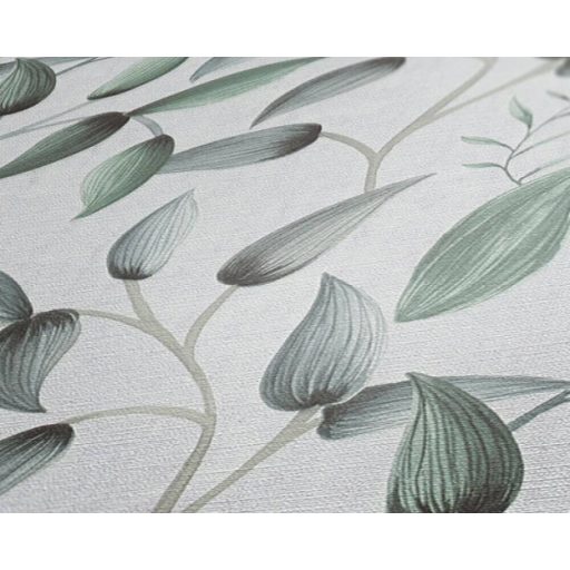 Akvarell hatású bájos virágok levelek finom rajzolatú indákon törtfehér szürke és zöld tónus tapéta