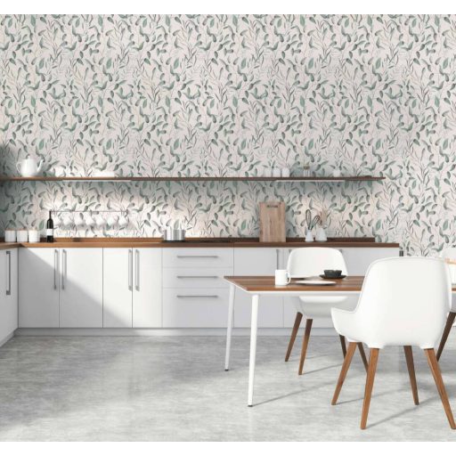 Akvarell hatású bájos virágok levelek finom rajzolatú indákon törtfehér szürke és zöld tónus tapéta