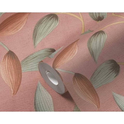 Akvarell hatású bájos virágok levelek finom rajzolatú indákon narancsos rózsaszín zöld sárga és barna tónus tapéta