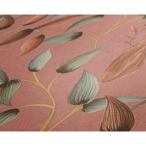 Akvarell hatású bájos virágok levelek finom rajzolatú indákon narancsos rózsaszín zöld sárga és barna tónus tapéta