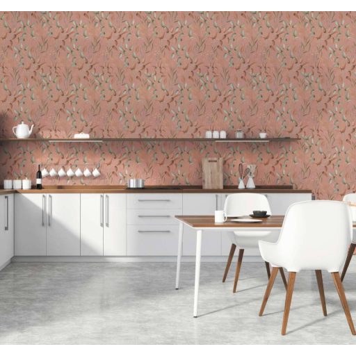 Akvarell hatású bájos virágok levelek finom rajzolatú indákon narancsos rózsaszín zöld sárga és barna tónus tapéta