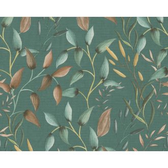   Akvarell hatású bájos virágok levelek finom rajzolatú indákon petrolzöld barna sárga és rózsaszín tónus tapéta