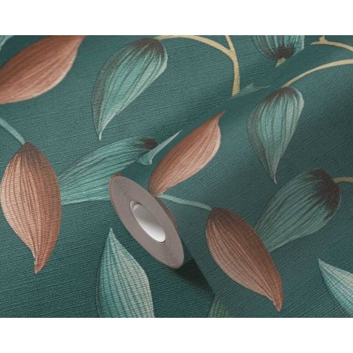 Akvarell hatású bájos virágok levelek finom rajzolatú indákon petrolzöld barna sárga és rózsaszín tónus tapéta