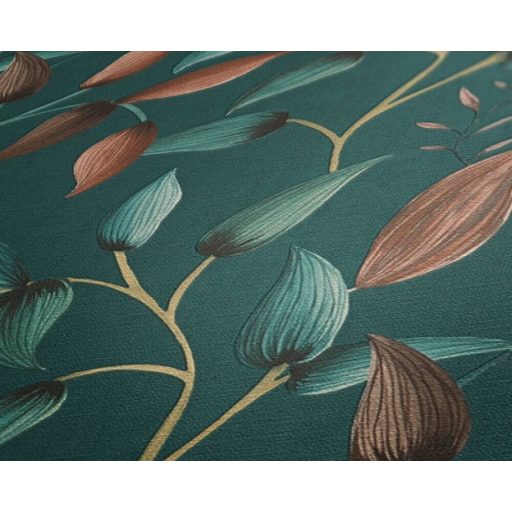 Akvarell hatású bájos virágok levelek finom rajzolatú indákon petrolzöld barna sárga és rózsaszín tónus tapéta