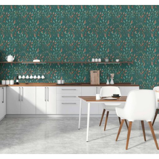 Akvarell hatású bájos virágok levelek finom rajzolatú indákon petrolzöld barna sárga és rózsaszín tónus tapéta