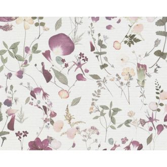   Vadvirágok impulzív és változatos kompozíciója törtfehér zöld rózsaszín mályva és lila tónus tapéta