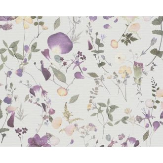   Vadvirágok impulzív és változatos kompozíciója törtfehér szürke zöld és lila tónus tapéta