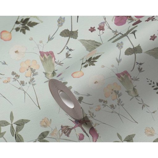 Vadvirágok impulzív és változatos kompozíciója világoszöld sárga zöld és lila tónus tapéta