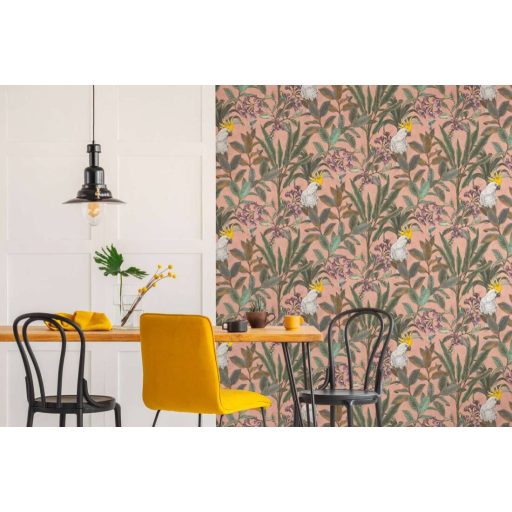 Trópusi virág és levélmotívum békés kakadukkal Shabby megjelenésben ó-rózsaszín bézs zöld barna sárga fehér és lila tónus tapéta