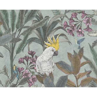   Trópusi virág és levélmotívum békés kakadukkal Shabby megjelenésben világoszöld barna lila zöld fehér és sárga tónus tapéta