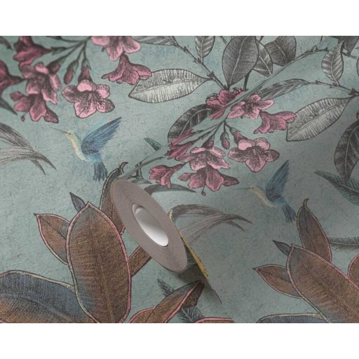 Trópusi virág és levélmotívum békés kakadukkal Shabby megjelenésben világoszöld barna lila zöld fehér és sárga tónus tapéta