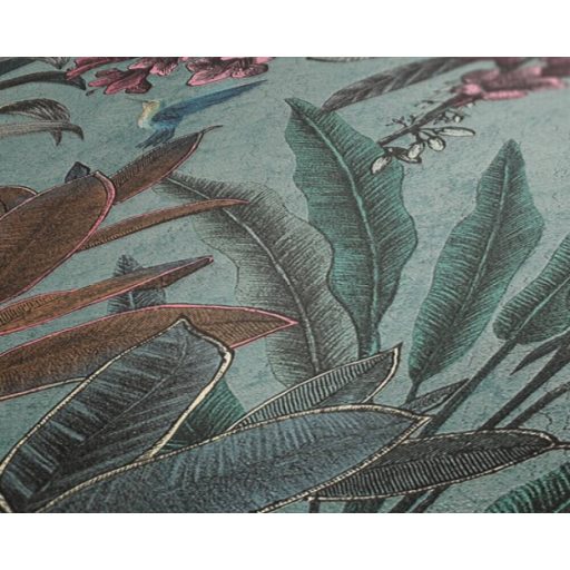 Trópusi virág és levélmotívum békés kakadukkal Shabby megjelenésben világoszöld barna lila zöld fehér és sárga tónus tapéta