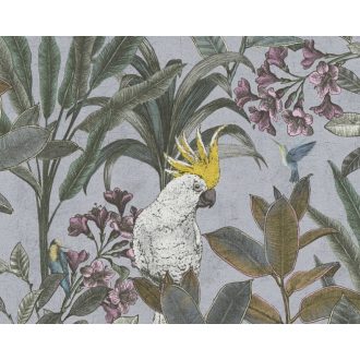   Trópusi virág és levélmotívum békés kakadukkal Shabby megjelenésben szürkéskék lila zöld barna fehér és sárga tónus tapéta