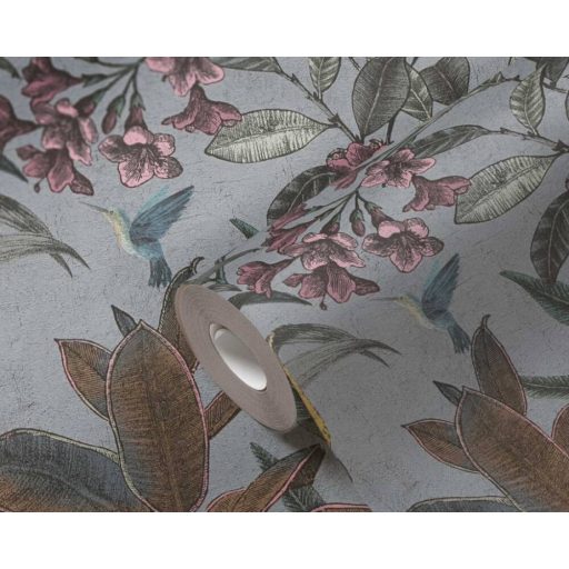 Trópusi virág és levélmotívum békés kakadukkal Shabby megjelenésben szürkéskék lila zöld barna fehér és sárga tónus tapéta