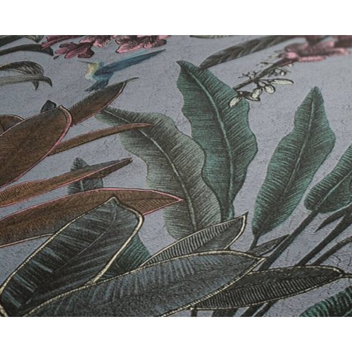 Trópusi virág és levélmotívum békés kakadukkal Shabby megjelenésben szürkéskék lila zöld barna fehér és sárga tónus tapéta