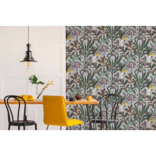 Trópusi virág és levélmotívum békés kakadukkal Shabby megjelenésben szürkéskék lila zöld barna fehér és sárga tónus tapéta