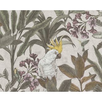   Trópusi virág és levélmotívum békés kakadukkal Shabby megjelenésben krémszürke zöld lila barna fehér és sárga tónus tapéta